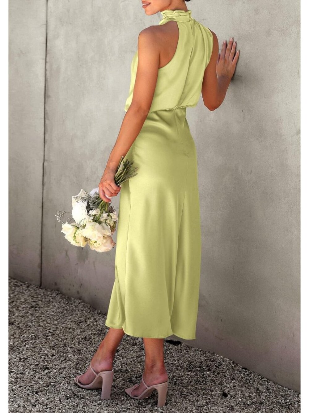 Women's Tender Green Summer Satin Dress Elegant Sleeveless Mock Neck Maxi Dress - Picture 2 of 6